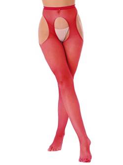 renvena Damen Transparente Strumpfhose mit offenem Schritt Netzstrümpfe Transparent Pantyhose Feinstrumpfhose Sexy Unterwäsche Stretch Rot One Size von renvena