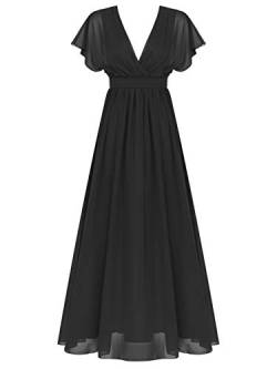 renvena Elegant Chiffon Kleider Damen V-Ausschnitt Ballkleider Lange Brautjungfer Cocktailkleid Party Festlich Hochzeit Abendkleid Schwarz 46 von renvena