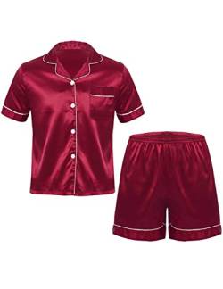 renvena Herren Satin Pyjama Kurz Zweiteiliger Schlafanzug Kurzarm Schlafshirt mit Shorts Sommer Nachtwäsche Sleepwear Loungewear Burgundy XL von renvena