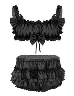 renvena Herren Sissy Dessous Set Satin BH Oberteil mit Rüschen Höschen Männer Erotik Lingerie Babydoll Reizvoll Nachtwäsche Clubwear Schwarz M von renvena