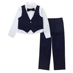 renvena Jungen 4 tlg. Bekleidungsset Festlich Anzug Set Baumwolle Langarm Hemd Anzughose mit Anzugweste Fliege Kinder Taufbekleidung Gentlemen Kostüm Marineblau 122-128/7-8 Jahre von renvena