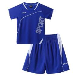 renvena Kinder Jungen Sport Kleidung Set Trainingsanzug Kurz Jogginganzug Kurzarm T-Shirt Tops mit Sportshorts Fussball Trikot Sportswear Sommer Blau 134-140 von renvena