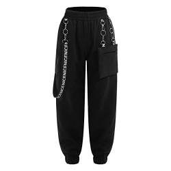 renvena Mädchen Cargohose Schwarz Weite Bein Hose Lange Pants Freizeithose mit Gummizug Metall Kette Hip Hop Jazz Tanz Outfit A Schwarz 158-164/13-14 Jahre von renvena