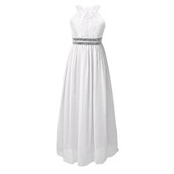 renvena Mädchen Neckholder Kleider Lange Partykleid Chiffon Blumenmädchenkleid Prinzessin Ärmellos mit Spitze Elegant Feshlich Hochzeit Kleidung Weiß 152/12 Jahre von renvena