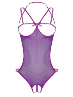 renvena Sexy Dessous Damen Fischnetz Bodystockings Ouvert-Body Lingerie offener Brust Bodysuit Bikini Unterwäsche Reizwäsche Violett One Size von renvena