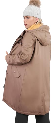 rhythm of the rain Regenmantel Damen Gefüttert wasserdicht Warme mit Kapuze Winterjacke PU Regenjacke Lang Übergangsjacke Friesennerz Regenparka Windbreaker,KHAKI,38 von rhythm of the rain