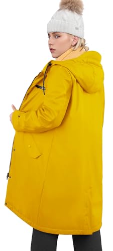 rhythm of the rain Winterjacke Damen wasserdicht Regenmantel mit Kapuze Winter Parka Jacke Warme Gefüttert PU Regenjacke Lang Übergangsjacke Friesennerz Regenparka Windbreaker,Gelb,36 von rhythm of the rain