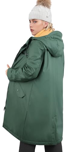 rhythm of the rain Winterjacke Damen wasserdicht Regenmantel mit Kapuze Winter Parka Jacke Warme Gefüttert PU Regenjacke Lang Übergangsjacke Friesennerz Regenparka Windbreaker,Olivgrün,44 von rhythm of the rain