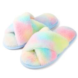 riemot Hausschuhe Damen Winter Plüsch Pantoffeln Memory-Schaum Warme Hausschlappen Bequeme Rutschfeste Flauschige Slipper, Regenbogenfarben, gr.38-39 von riemot