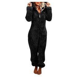 riou Damen Jumpsuit Schlafanzug Einteiler Winter Warm Fleece Kuschelig Lang Schlafoverall Pyjama Hausanzug mit Kapuze & Reißverschluss von riou