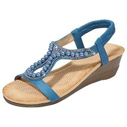 rismart Böhmisch Keil Sandalen Damen mit Strass Perlen Elegant Sommerschuhe Blau,37 von rismart