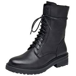 rismart Damen Biker Boots Mid-Calf Leder Stiefeletten mit Reißverschluss Schnürer Combat Boots(Schwarz,38 EU,240mm) von rismart