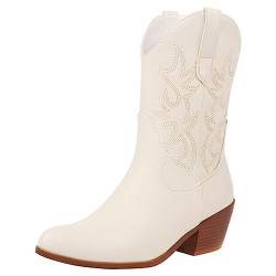 rismart Damen Cowboystiefel Western Stiefel Mitte Kalb Gestickt Cowgirl Schuhe Beige,38 von rismart