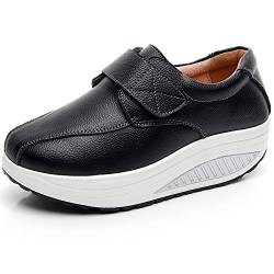 rismart Damen Keilabsatz Klettverschluss Gemütlich Niedlich Leder Mode Sneakers SN8787(Schwarz,EU37) von rismart