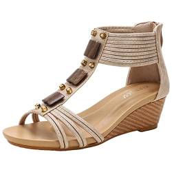 rismart Damen Keilabsatz Sandalen Reißverschluss Elastischer Knöchelriemen Offener Zeh Sommer Schuhe Gold,38.5 EU von rismart