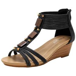 rismart Damen Keilabsatz Sandalen Reißverschluss Elastischer Knöchelriemen Offener Zeh Sommer Schuhe Schwarz,37 EU von rismart