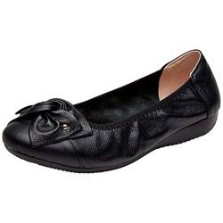 rismart Damen Leder Ballerinas Flache Slip on Pumps Arbeitsschuhe mit Bogen Schwarz,39 von rismart