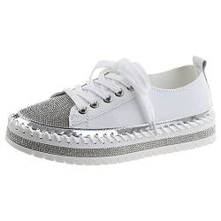 rismart Damen Mode Sneaker Strasssteine Low-Top Schnürung Turnschuhe Gehen Plattform Trainer Weiß, 40 EU von rismart