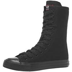 rismart Damen Segeltuch Stiefel Wadenlänge Modisch Schnüren Mädchen Punk Stil Sneaker Reißver Weiß/Schwarz Leinenschuhe (Schwarz,34 EU) von rismart