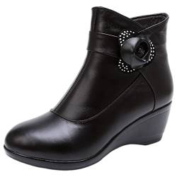 rismart Damen Stiefel Schwarz Leder Knöchelhoch Kurz Keil Winterstiefel Stiefelette Schwarz,40.5 von rismart