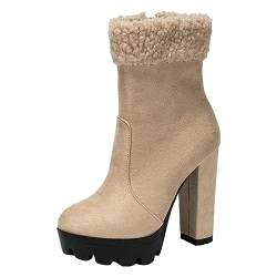 rismart Damen Stiefel mit Plateau Chunky Reißverschluss Seite Hoher Absatz Knöchel Stiefeletten Beige,37 von rismart