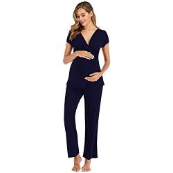 rismart Damen Umstandsmode Stillpyjama Pyjama Set Baumwolle Schlafanzug Kurzarm Oberteil und Lang Hosen Sommer (Blau,XL) von rismart