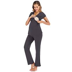 rismart Damen Umstandsmode Stillpyjama Pyjama Set Baumwolle Schlafanzug Kurzarm Oberteil und Lang Hosen Sommer (Dunkelgrau,L) von rismart