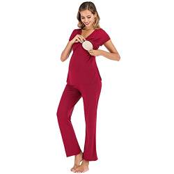 rismart Damen Umstandsmode Stillpyjama Pyjama Set Baumwolle Schlafanzug Kurzarm Oberteil und Lang Hosen Sommer (Rot,L) von rismart