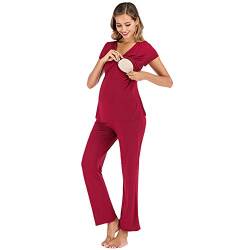 rismart Damen Umstandsmode Stillpyjama Pyjama Set Baumwolle Schlafanzug Kurzarm Oberteil und Lang Hosen Sommer (Rot,S) von rismart