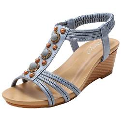 rismart Keilabsatz Sandalen Damen T-Bar Gummiband Sommerschuhe (Blau,40 EU) von rismart