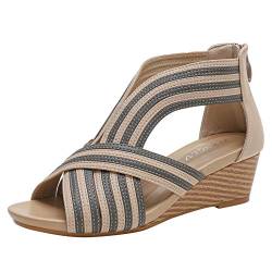 rismart Sandalen Damen Peep Toe Mitte Keilabsatz Riemchen Beiläufig Kleid Sommer Schuhe Mandel,39.5 EU von rismart