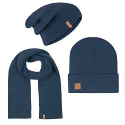 riverso Herren RIVGordon Slouch Beanie Mütze Schal Sets Winterset Outdoormütze Winterschal Unisex 3 in 1 Winter Herbst Einfarbig Einheitsgröße Blau, Größe:One Size, Farbe:Navy von riverso