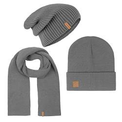 riverso Herren RIVGordon Slouch Beanie Mütze Schal Sets Winterset Outdoormütze Winterschal Unisex 3 in 1 Winter Herbst Einfarbig Einheitsgröße Grau, Größe:One Size, Farbe:Grey von riverso