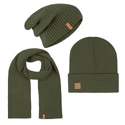 riverso Herren RIVGordon Slouch Beanie Mütze Schal Sets Winterset Outdoormütze Winterschal Unisex 3 in 1 Winter Herbst Einfarbig Einheitsgröße Grün, Größe:One Size, Farbe:Green von riverso