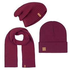 riverso Herren RIVGordon Slouch Beanie Mütze Schal Sets Winterset Outdoormütze Winterschal Unisex 3 in 1 Winter Herbst Einfarbig Einheitsgröße Rot, Größe:One Size, Farbe:Burgundy von riverso