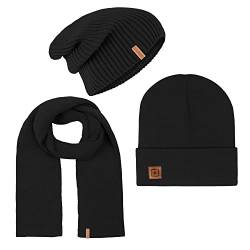 riverso Herren RIVGordon Slouch Beanie Mütze Schal Sets Winterset Outdoormütze Winterschal Unisex 3 in 1 Winter Herbst Einfarbig Einheitsgröße Schwarz, Größe:One Size, Farbe:Black von riverso