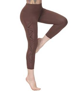 romansong Damen-Leggings aus Netzstoff, Yogahose mit Tasche, nicht durchsichtig, Caprihose, hohe Taille, Bauchkontrolle, 4-Wege-Stretch, Braun-Capris, S von romansong