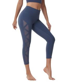 romansong Damen-Leggings aus Netzstoff, Yogahose mit Tasche, nicht durchsichtig, Caprihose, hohe Taille, Bauchkontrolle, 4-Wege-Stretch, Capris-blaue Asche, X-Groß von romansong