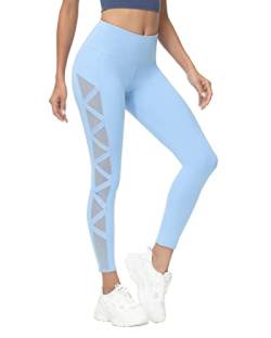 romansong Damen-Leggings aus Netzstoff, Yogahose mit Tasche, nicht durchsichtig, Caprihose, hohe Taille, Bauchkontrolle, 4-Wege-Stretch, Hell, blau, M von romansong