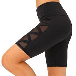 romansong Damen Mesh Kurze Leggings Yoga Hose mit Tasche Nicht Durchsichtig Hohe Taille Bauch Kontrolle Gym Shorts - Schwarz - Groß von romansong