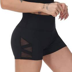 romansong Damen Mesh Kurze Leggings Yoga Hose mit Tasche Nicht Durchsichtig Hohe Taille Bauchkontrolle Hotpants - Schwarz - X-Groß von romansong