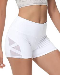 romansong Damen Mesh Kurze Leggings Yoga Hose mit Tasche Nicht Durchsichtig Hohe Taille Bauchkontrolle Hotpants - Weiß - Groß von romansong