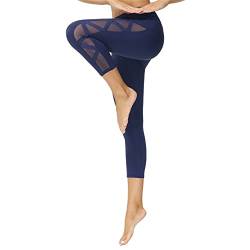 romansong Damen Mesh Leggings Yoga Hose mit Tasche Nicht Durchsichtig Capri Hohe Taille Bauch Kontrolle 4-Wege-Stretch - Marineblau - Groß von romansong