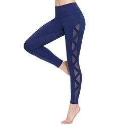 romansong Damen Mesh Leggings Yoga Hose mit Tasche Nicht Durchsichtig Capri Hohe Taille Bauch Kontrolle 4-Wege-Stretch - Marineblau - Mittel von romansong