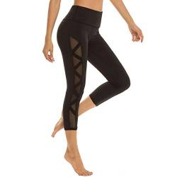 romansong Damen Mesh Leggings Yoga Hose mit Tasche Nicht Durchsichtig Capri Hohe Taille Bauch Kontrolle 4-Wege-Stretch - Schwarz - X-Klein von romansong