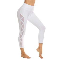 romansong Damen Mesh Leggings Yoga Hose mit Tasche Nicht Durchsichtig Capri Hohe Taille Bauch Kontrolle 4-Wege-Stretch - Weiß - Groß von romansong