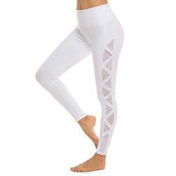 romansong Damen Mesh Leggings Yoga Hose mit Tasche Nicht Durchsichtig Capri Hohe Taille Bauch Kontrolle 4-Wege-Stretch - Weiß - Klein von romansong