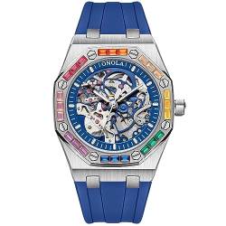 rorios Armbanduhren für Herren Mechanische Automatik Uhr Skelett wasserdichte Uhr Bunt Diamant Herrenuhren Coole Silikon Armband Uhr für Männer Silber Blau von rorios