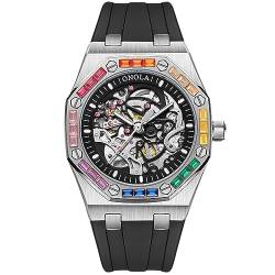 rorios Armbanduhren für Herren Mechanische Automatik Uhr Skelett wasserdichte Uhr Bunt Diamant Herrenuhren Coole Silikon Armband Uhr für Männer Silber schwarz von rorios