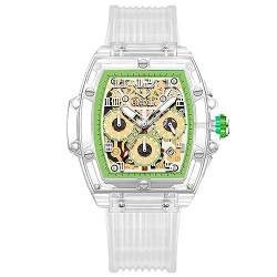 rorios Herren Analog Quarz Uhren Durchsichtig Tonneau Armbanduhren Multifunktional Mode Uhr wasserdichte Chronograph Uhr für Teenager Silikon Armband weiß Grün von rorios